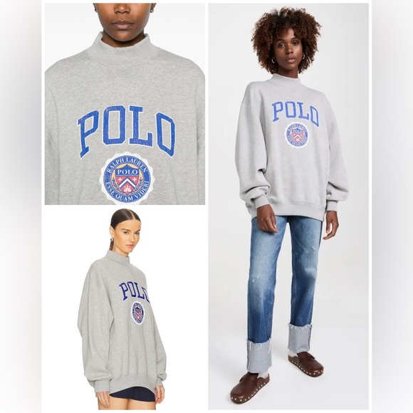 Polo Ralph Lauren Distressed Logo Fleece Mockneck Sweatshirt Andover Heather